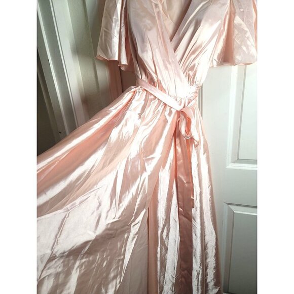 Hebeos  Inspired Light Pink Satin Maxi Wrap Dress With Flutter Sleeves & Waist T - Picture 6 of 13